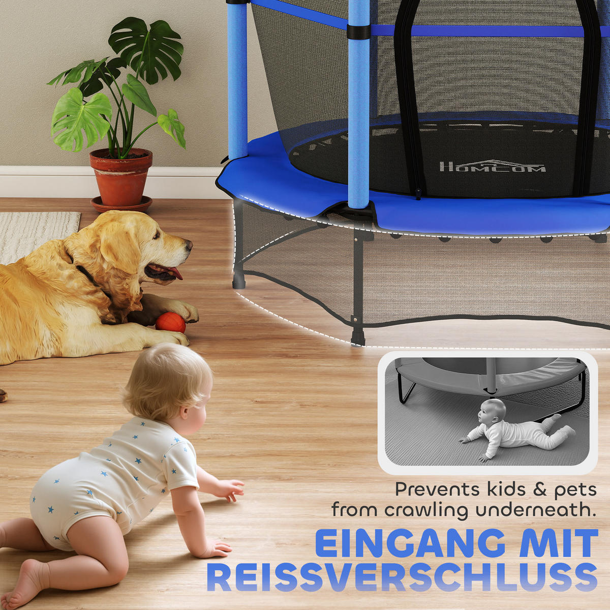 KINDERTRAMPOLIN - Blau, Kunststoff/Metall (140/140cm) - HOMCOM