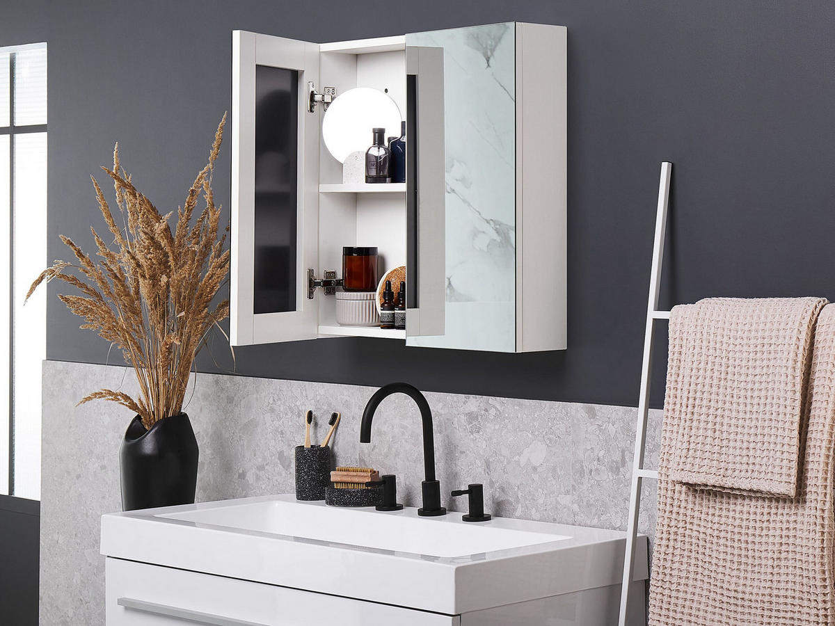 BAD SPIEGELSCHRANK weiß/silber 60/60 cm Navarra - Silberfarben/Weiß, Holz (60/60/14cm) - Beliani
