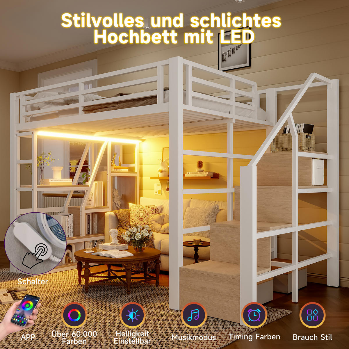 HOCHBETT 140/200 cm mit LED-Lichtleiste, Stauraumtreppe, Schutzgeländer und offenem Regal, Metall und MDF, Weiß - Weiß, Holzwerkstoff (140/200cm) - Redom