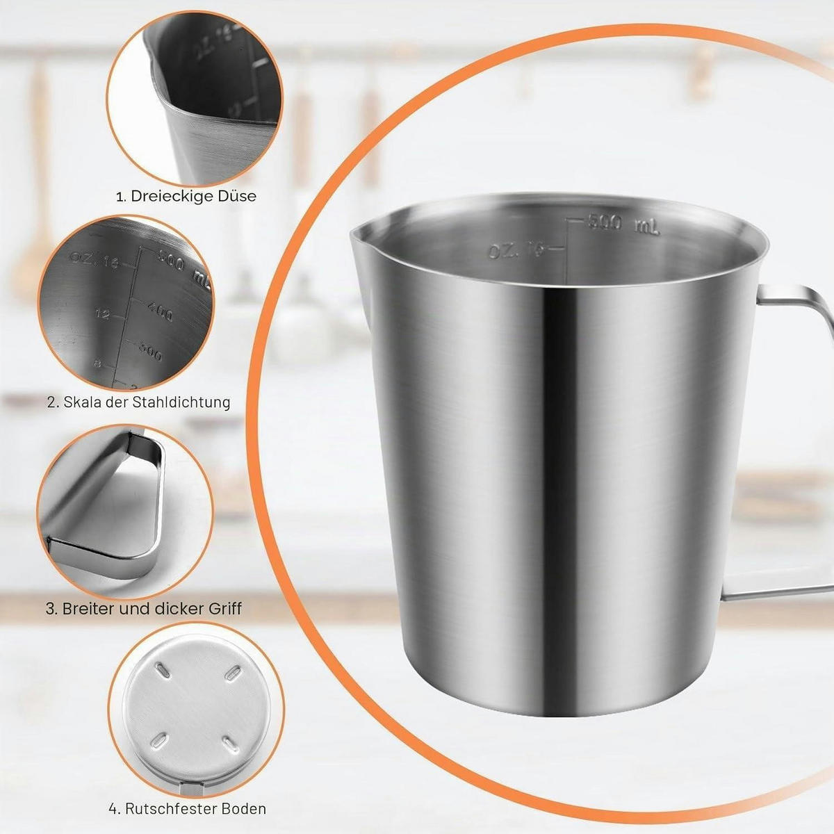 MESSBECHER Edelstahl 500 ml - Silberfarben, Metall (0.5L)