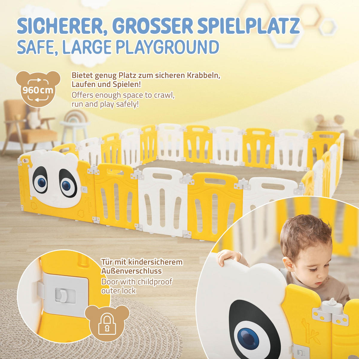 LAUFGITTER Baby faltbar 240 x 240 cm - Gelb, Kunststoff (240/53/240cm) - Joyz