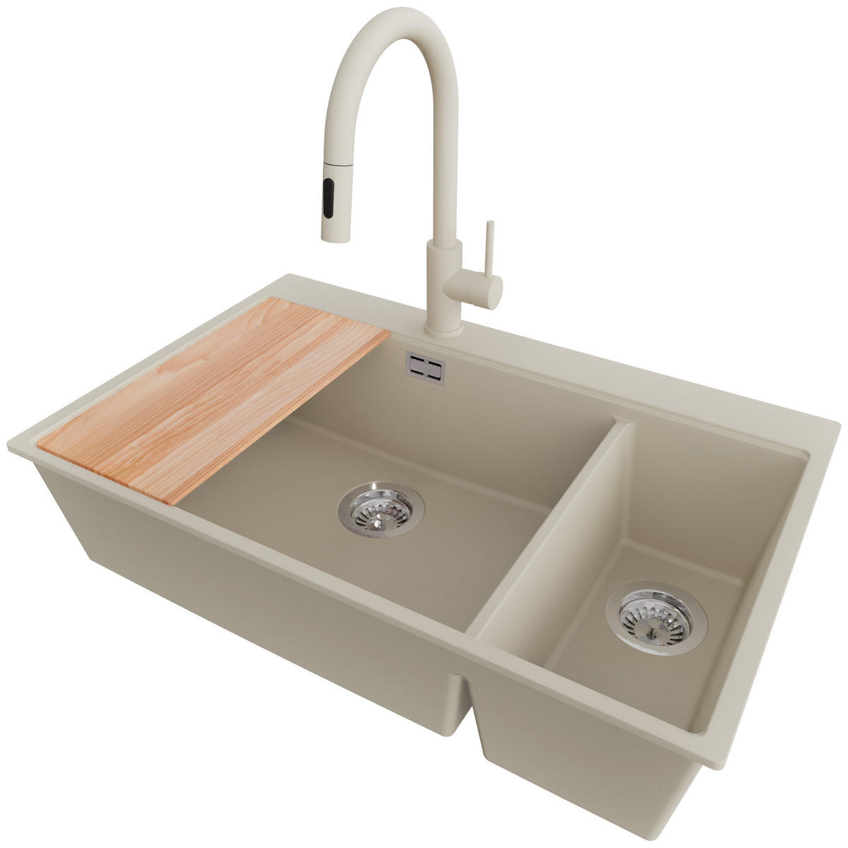 GRANITSPÜLE Oslo Duo, 2-er set Beige 78/50 cm 2 Becken + Küchenarmatur 40/20 cm + Ablauf-Set + Schneidebrett ab 80er Unterschrank - Chromfarben/Beige, Kunststoff (78/20/50cm) - Primagran