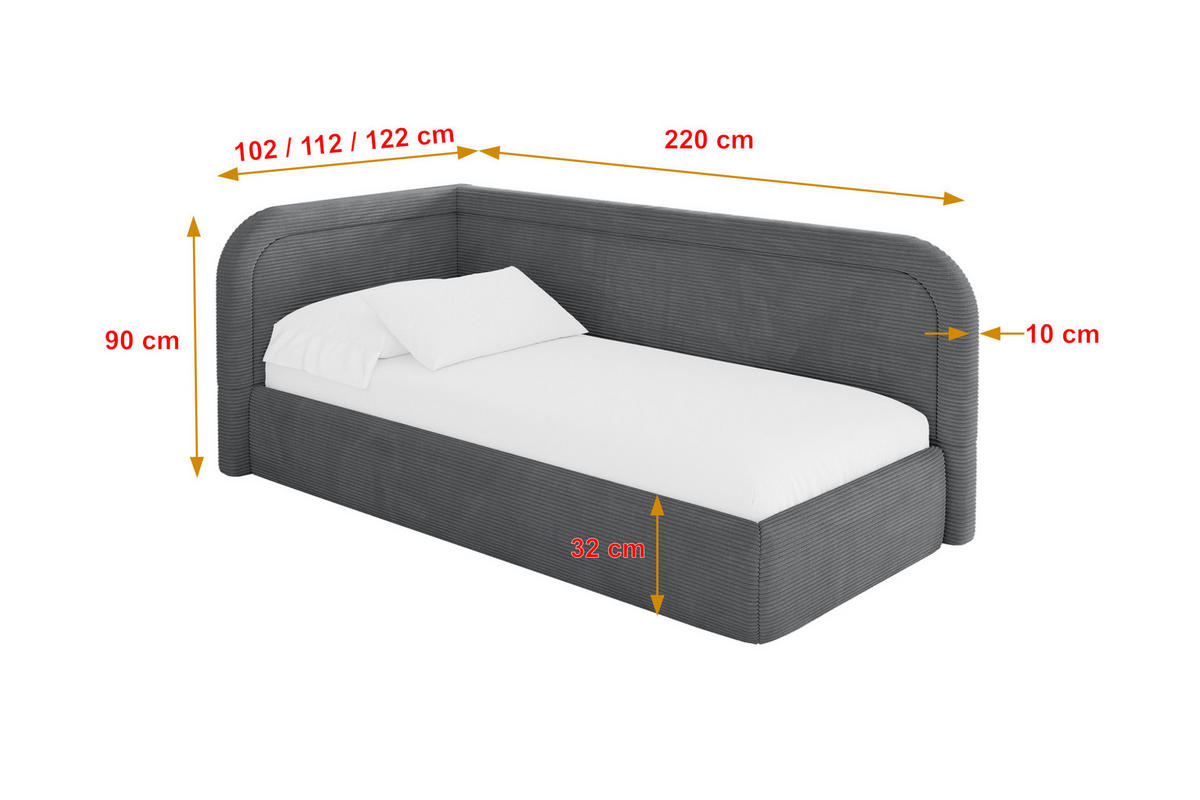 EINZELLBETT Jugendbett mit Bettkasten, Rechts - JOVY 100x200 Dunkelgrau - Schieferfarben, Holzwerkstoff/Textil (100/200cm) - ALTDECOR