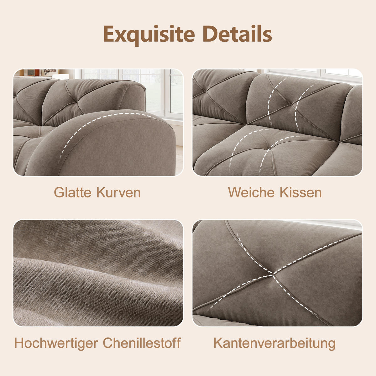 2-SITZER SOFA chenille modular & montagefrei - Walnussfarben, Textil (204/76/95cm) - Urban Meuble