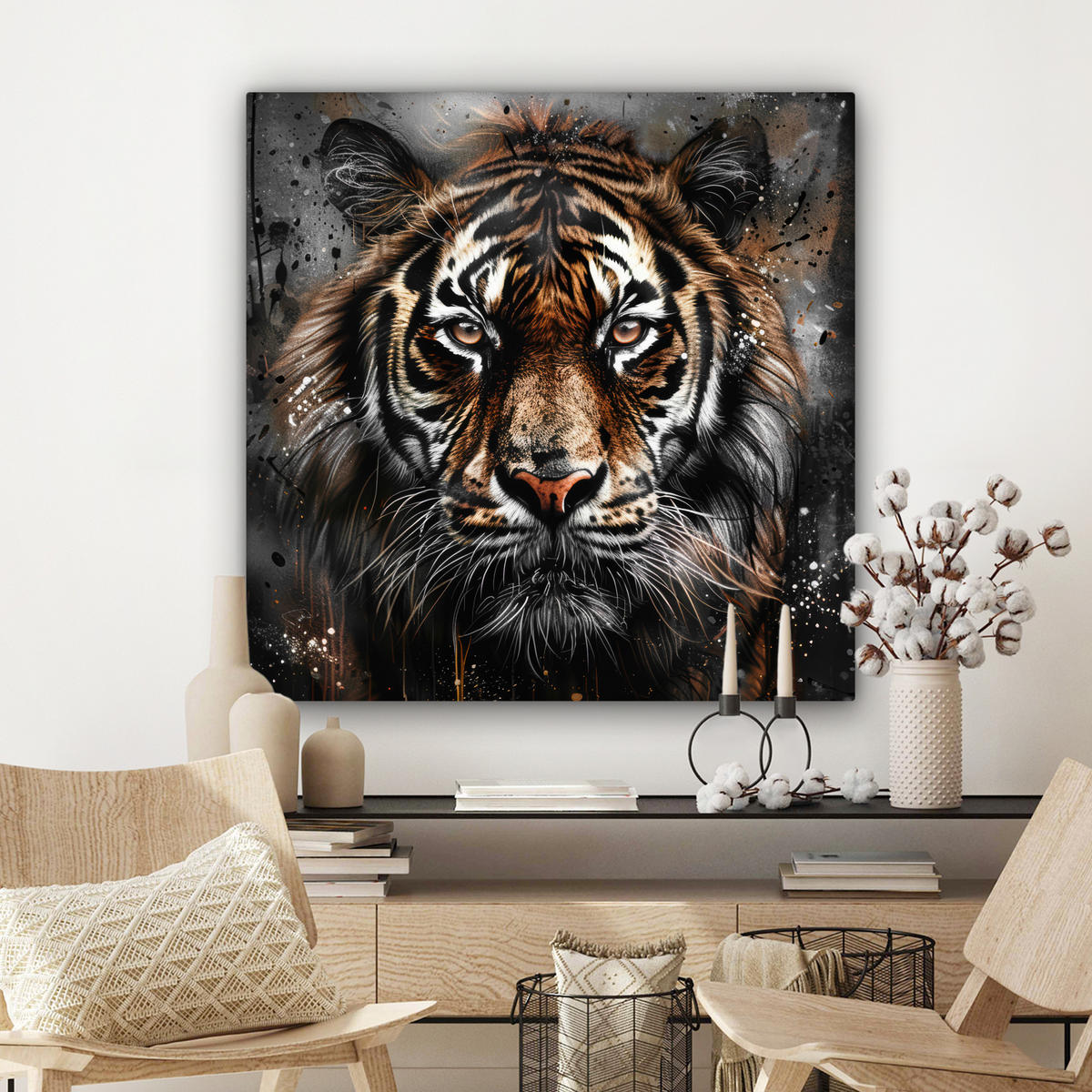 LEINWANDBILD Tiger - Tiere - Porträt - Luxus - Schwarz 90x90 cm - Anthrazit, Textil (90/90cm) - MuchoWow