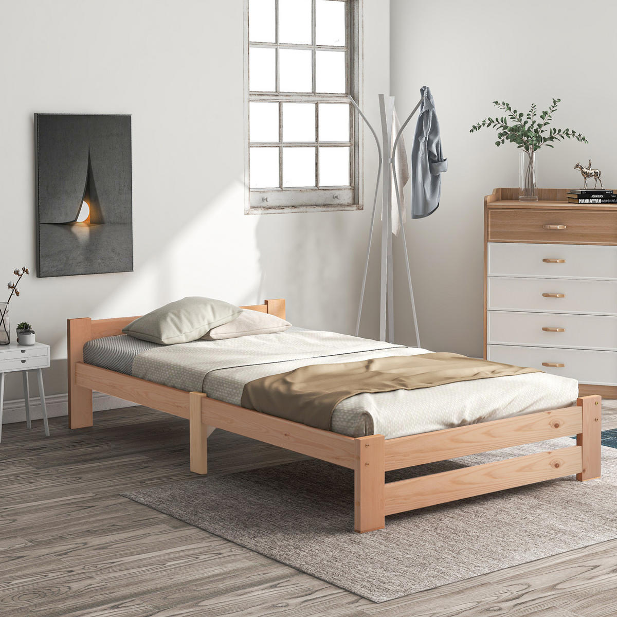 POSTEL 90/200 cm přírodní z masivního dřeva s čelem a lamelovým roštem - přírodní, dřevo (90/200cm) - OKWISH