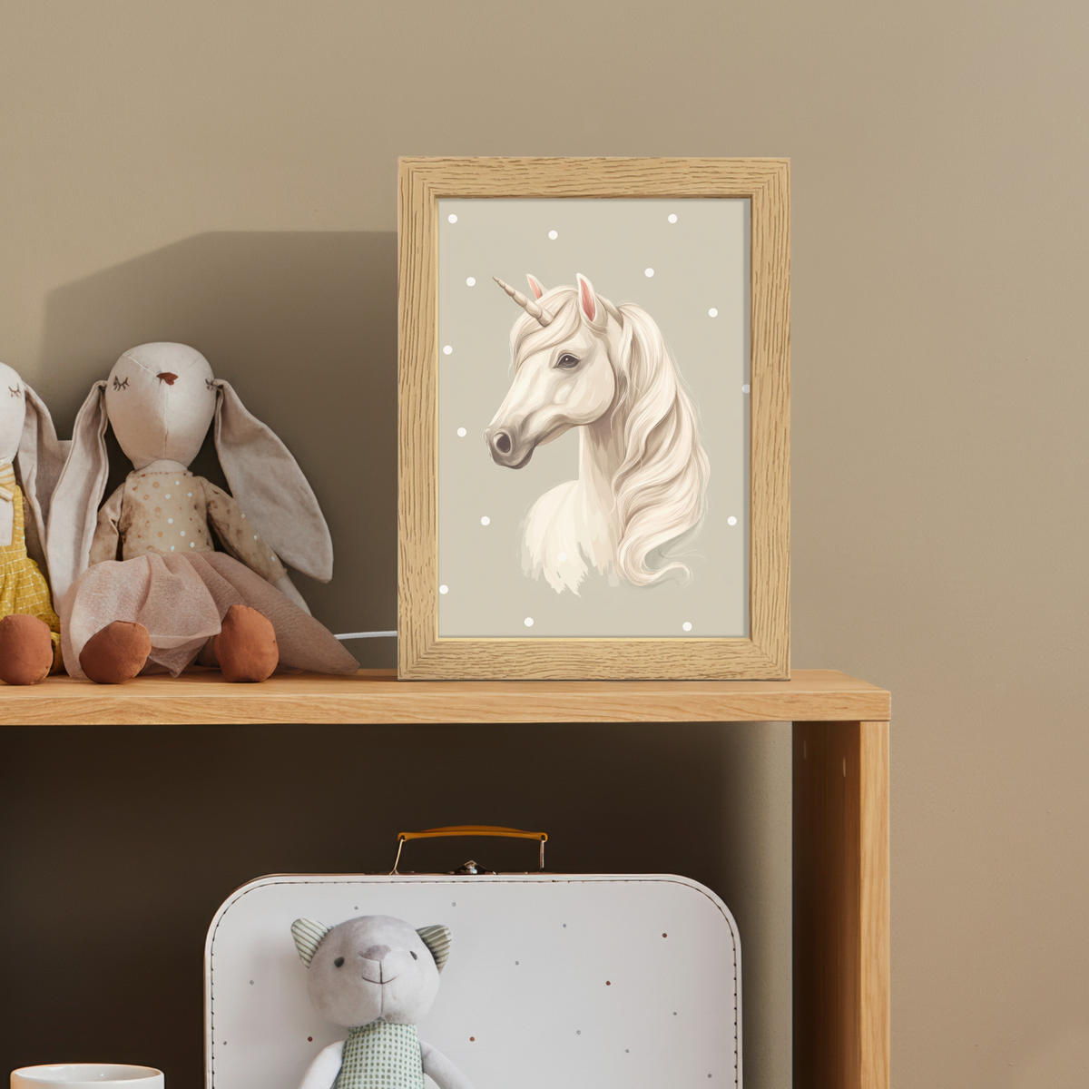 NACHTTISCHLAMPE Einhorn - Weiß - Punkte 15x20 cm - Taupe, Holzwerkstoff (8/15/20cm)