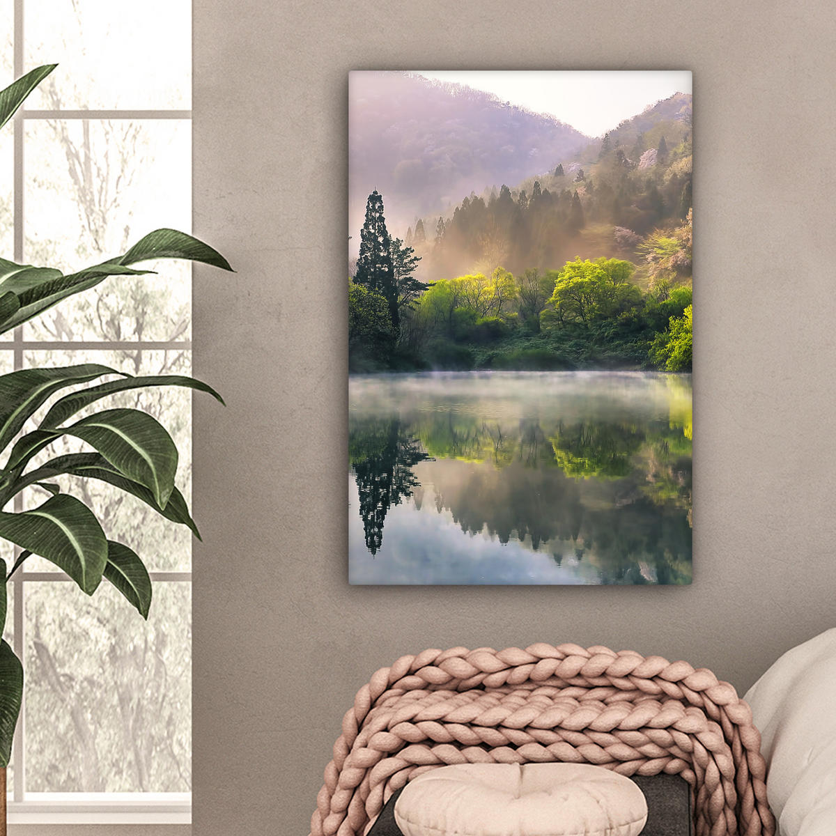 LEINWANDBILD Natur - Bäume - Berge - See - Wasser 40x60 cm - Hellgrün, Textil (40/60cm) - MuchoWow