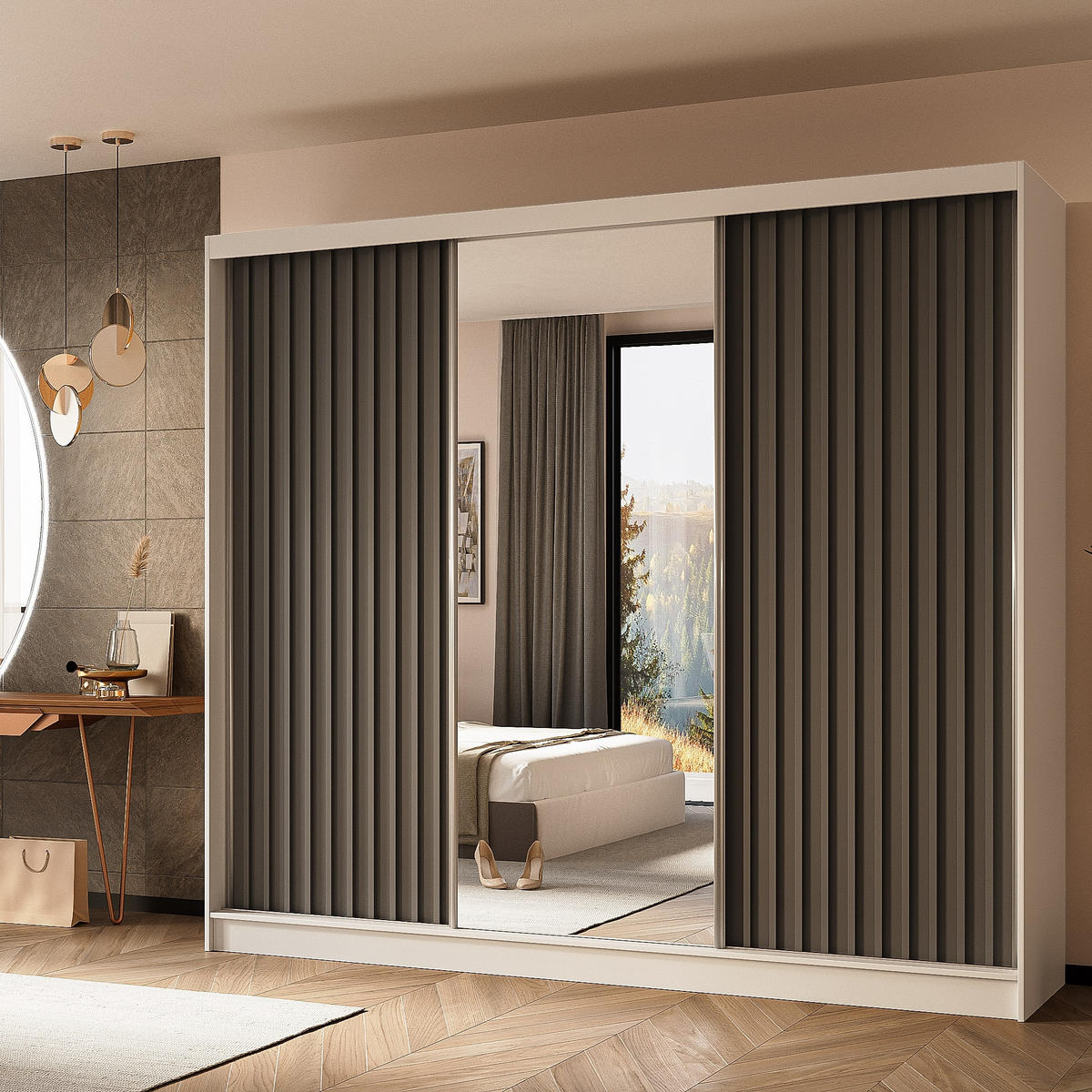 SCHWEBETÜRENSCHRANK LAMELLO 240/216/61 cm 3-türig mit Spiegel Weiß - Weiß/Grau, Holzwerkstoff (240/216/61cm) - MASSENO