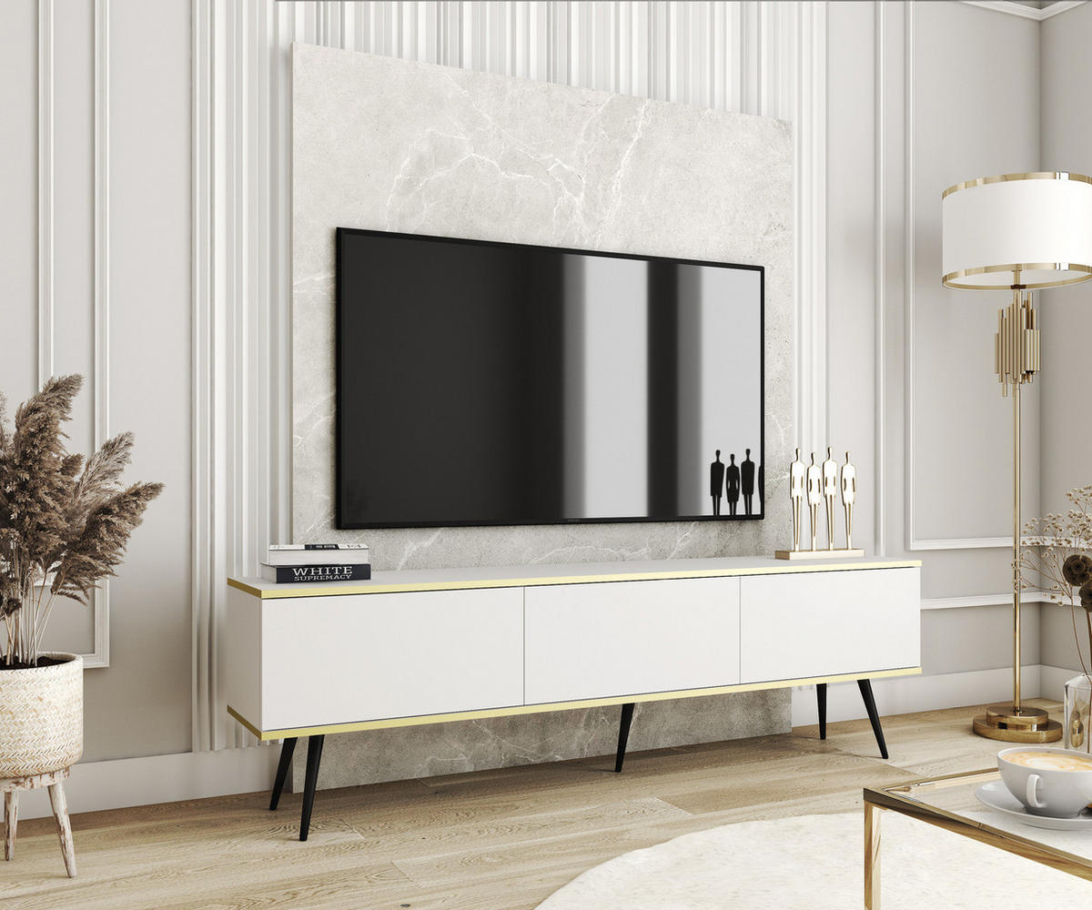 TV-LOWBOARD FORNO (Weiß, Goldene Details, 3 Türen, schwarze Metallfüße, 175 cm) - Schwarz/Weiß, Holz/Holzwerkstoff (175/53/32cm) - Ravio