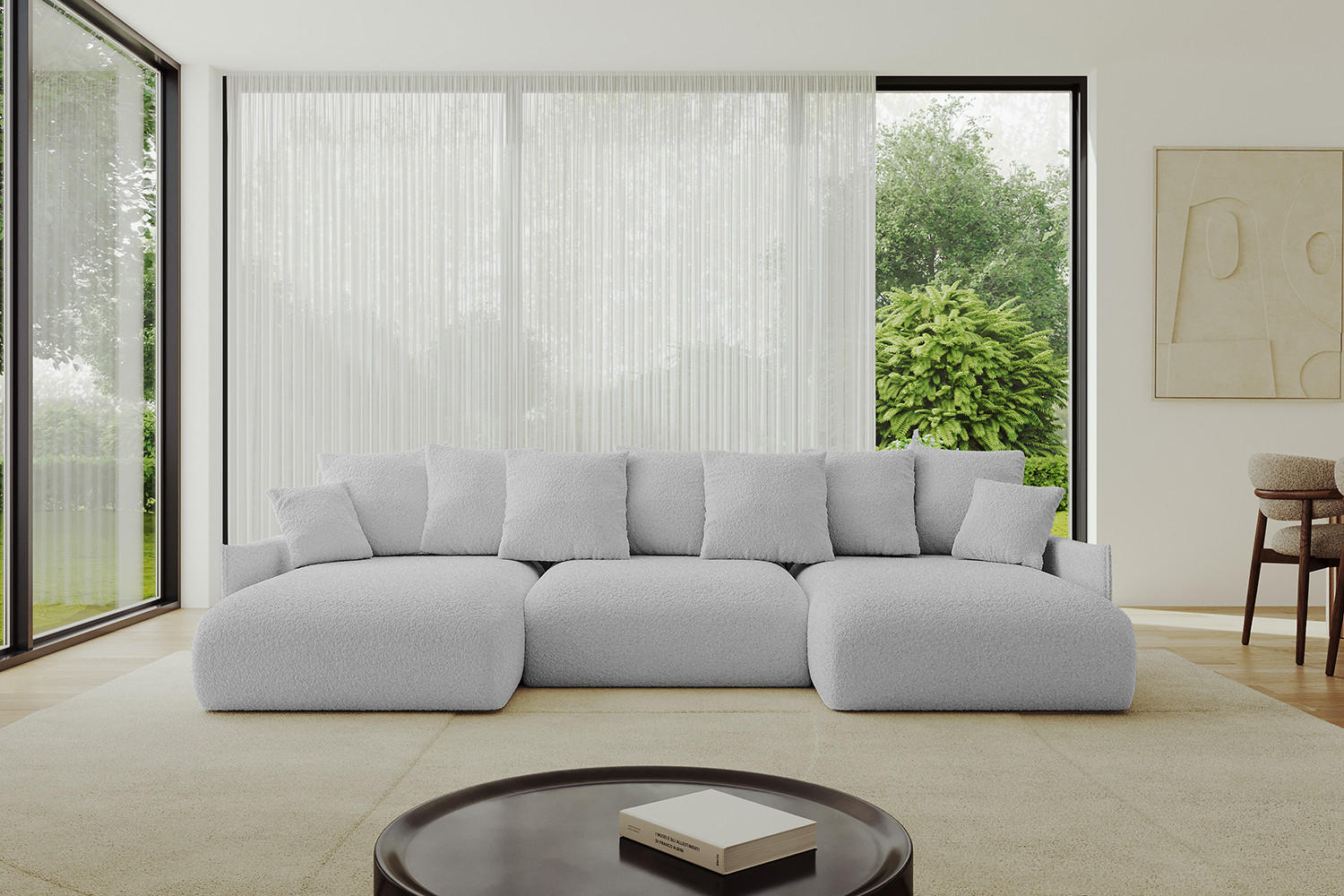 WOHNLANDSCHAFT mit Schlaffunktion und Bettkasten ONESK-U-v1 304x165x40 Hellgrau Bouclé - Hellgrau, Holzwerkstoff/Kunststoff (304/90/165cm) - ALTDECOR