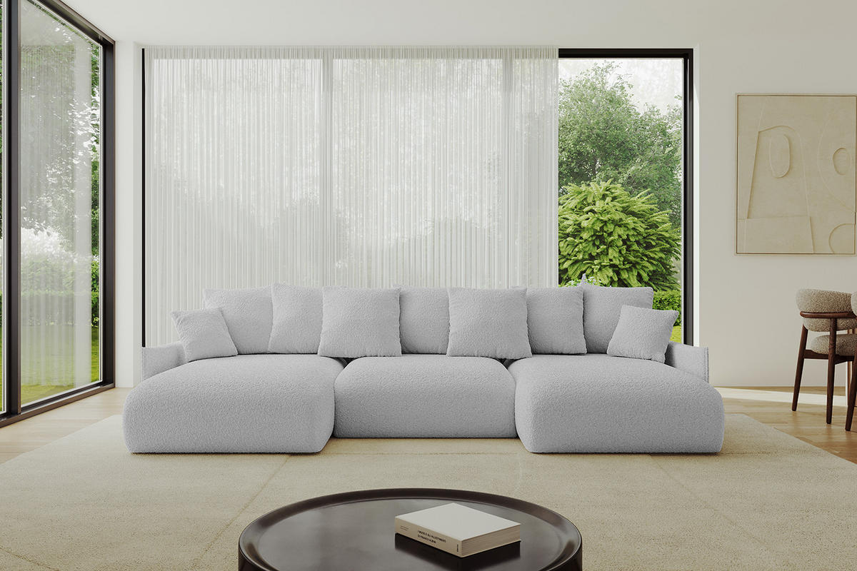 WOHNLANDSCHAFT mit Schlaffunktion und Bettkasten ONESK-U-v1 304x165x40 Hellgrau Bouclé - Hellgrau, Holzwerkstoff/Kunststoff (304/90/165cm) - ALTDECOR