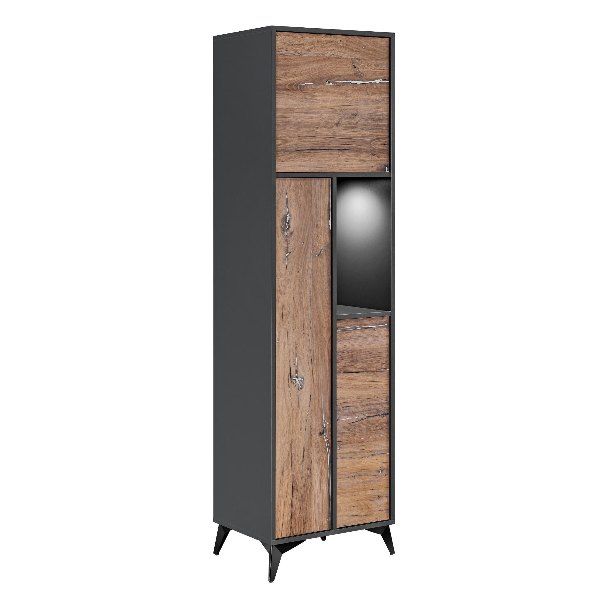 HIGHBOARD ORVIETO WIT3D, 3 Türen, 7 Schließfächer, Eiche, Anthrazit, Weiß LED Beleuchtung - Eichefarben/Anthrazit, Holzwerkstoff (50.6/178/40cm) - Komodee
