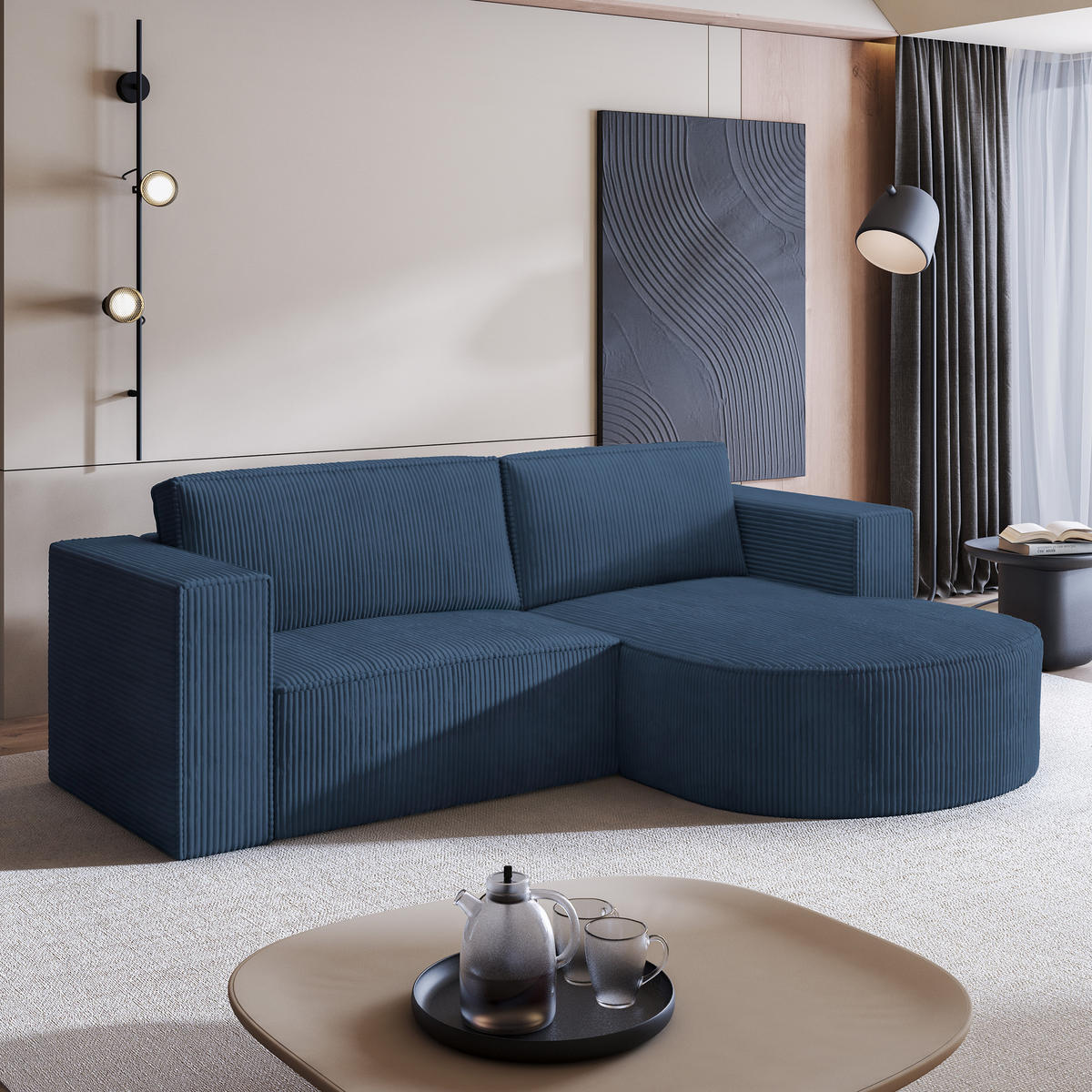 ECKSOFA SORELA P R-S Blau Kordstoff mit Schlaffunktion - Blau, Holz (263/174cm) - MASSENO