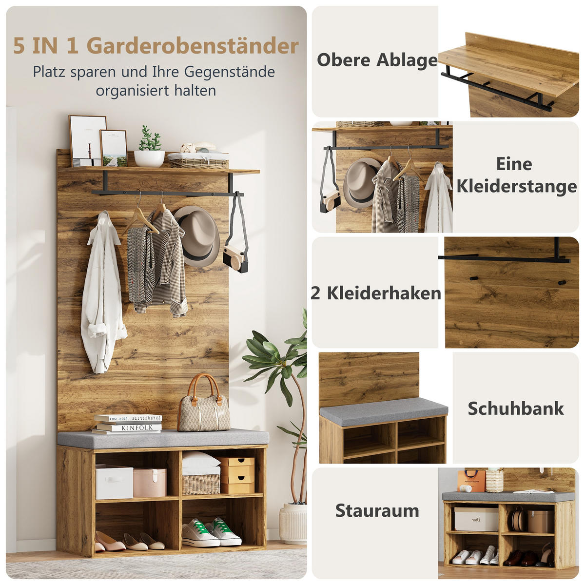 GARDEROBE Set Holzoptik Schuhbank Kleiderstange Regal 175cm - Eichefarben, Holzwerkstoff (84/175/37cm) - FLIEKS