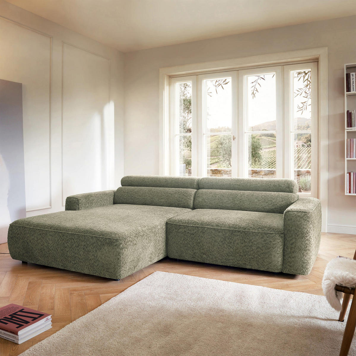 ROHOVÁ pohovka Fando s elektricky výsuvným sedákem, šalvějový ženil, levá - černá/světle zelená, textil/plast (252/182cm) - Selsey