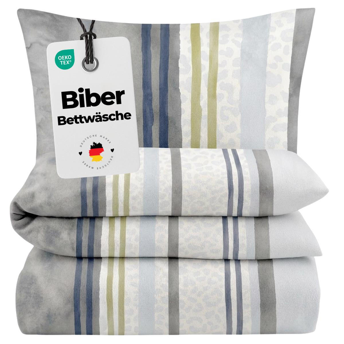 BIBER-BETTWÄSCHE 135x200 - Kuschelig warmer Flanell Bettbezug aus 100% Baumwolle für Herbst & Winter - Streifen Muster - Grau, Textil (135/200cm) - Carpe Sonno