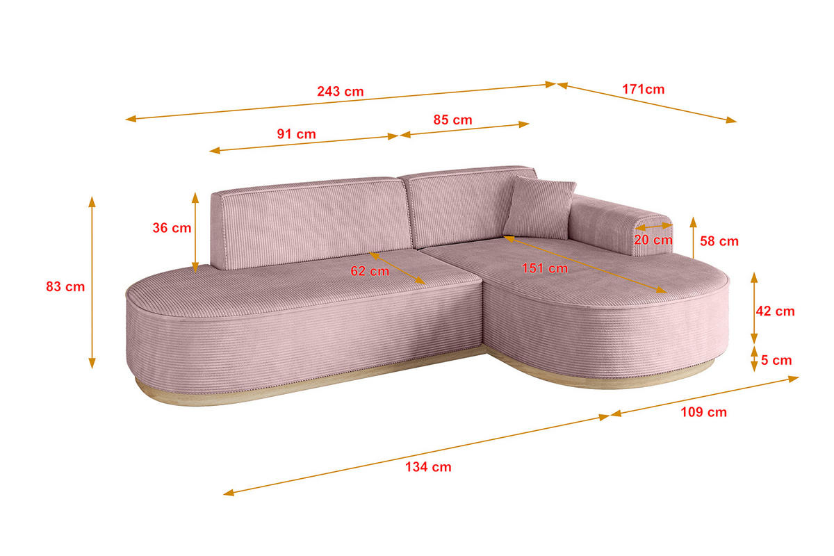 ECKSOFA Ottomane Rechts MARI-L1-v1 - 243x171x83 cm Rosa Cord - Rosa, Holzwerkstoff/Textil (171/243cm) - ALTDECOR