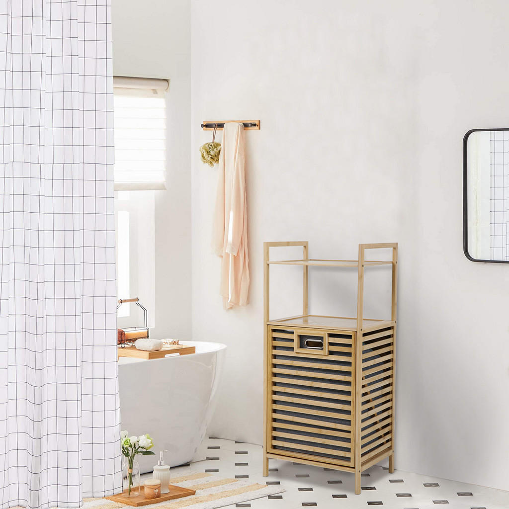 Thumbnail - Svita Badregal, Hellbraun, Holz, Bambus, 44x96x33 cm, Badezimmer, Badezimmerregale, Badregale