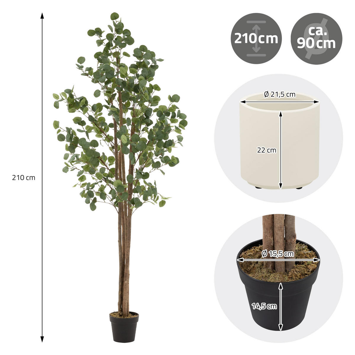 KUNSTPFLANZE Eukalyptus - Anthrazit/Grün, Holz/Kunststoff (210cm) - ML-DESIGN