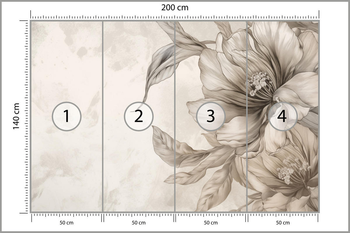 FOTOTAPETE für Schlafzimmer Zarte Beige Blumen Minimalismus Modern 200x140 - Beige, Papier (200/140cm) - Muralo