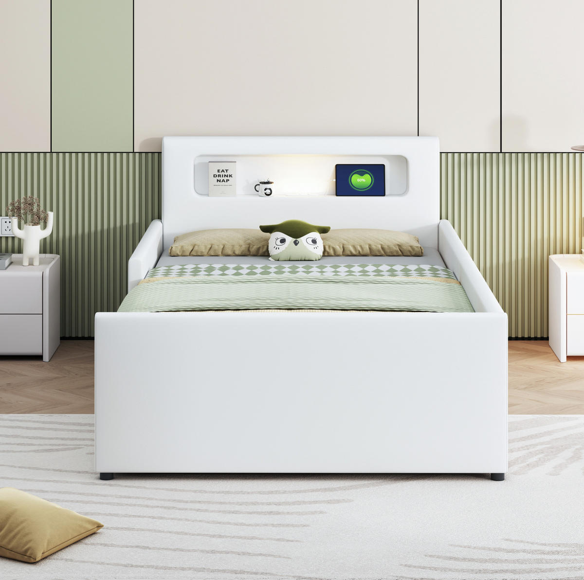 KINDERBETT 90/200 cm aus Kunstleder mit Nachtlicht und USB-Anschluss Weiß - Weiß, Textil (90/200cm) - Modenvie