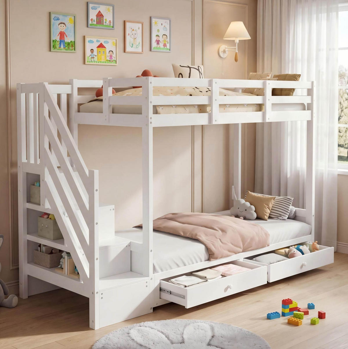 ETAGENBETT Kinderbett 90/200 cm aus Massivholz mit Sofa, Treppenschrank und 2 Schubladen Weiß - Weiß, Holz (90/200cm) - Modenvie