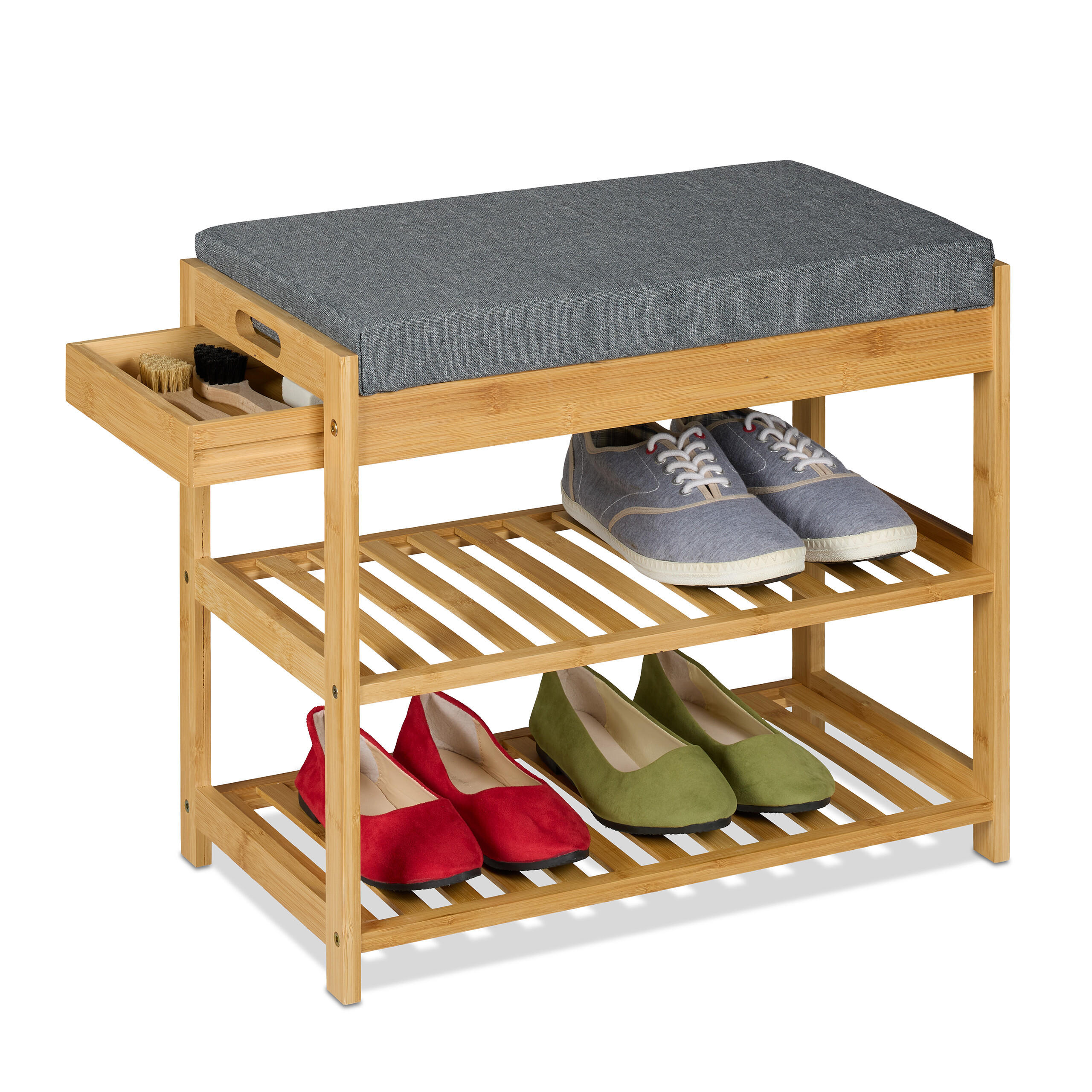 SCHUHBANK - Hellbraun/Grau, Holz/Textil (55/49/30cm) - Relaxdays