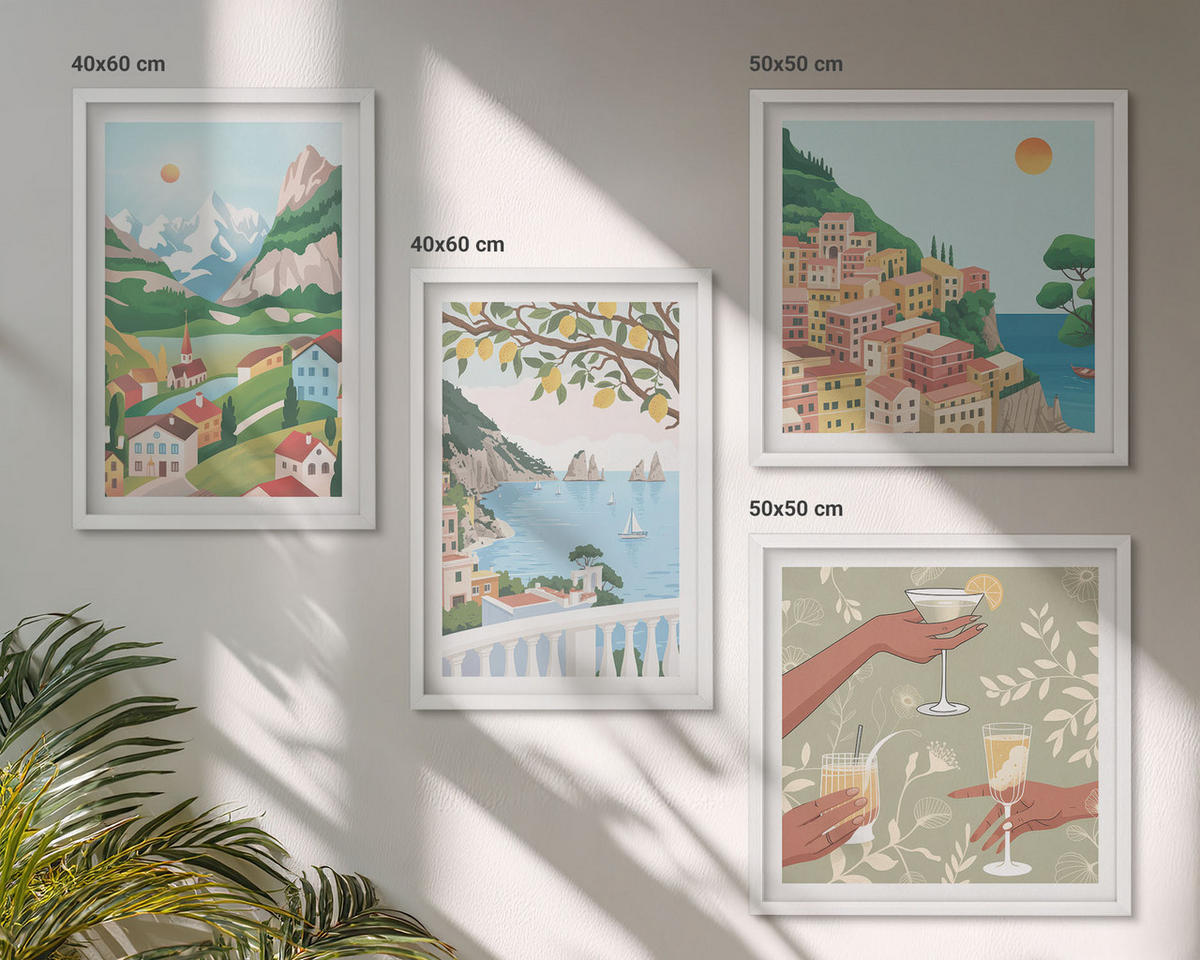WANDBILDER 4er-Set - 50x50 cm & 40x60 cm Weißer Rahmen - Pastellfarbene Küstenhäuser - Weiß, Kunststoff (50/50cm) - ArtPrintCave