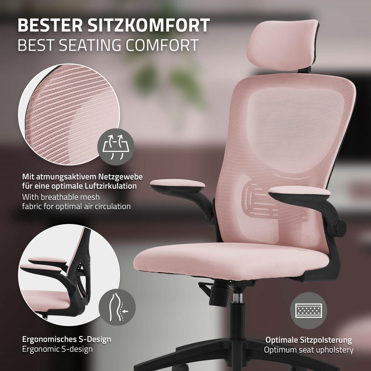 SCHREIBTISCHSTUHL Ergonomic rosa - Pink, Kunststoff (60.5/121/60cm) - ML-DESIGN