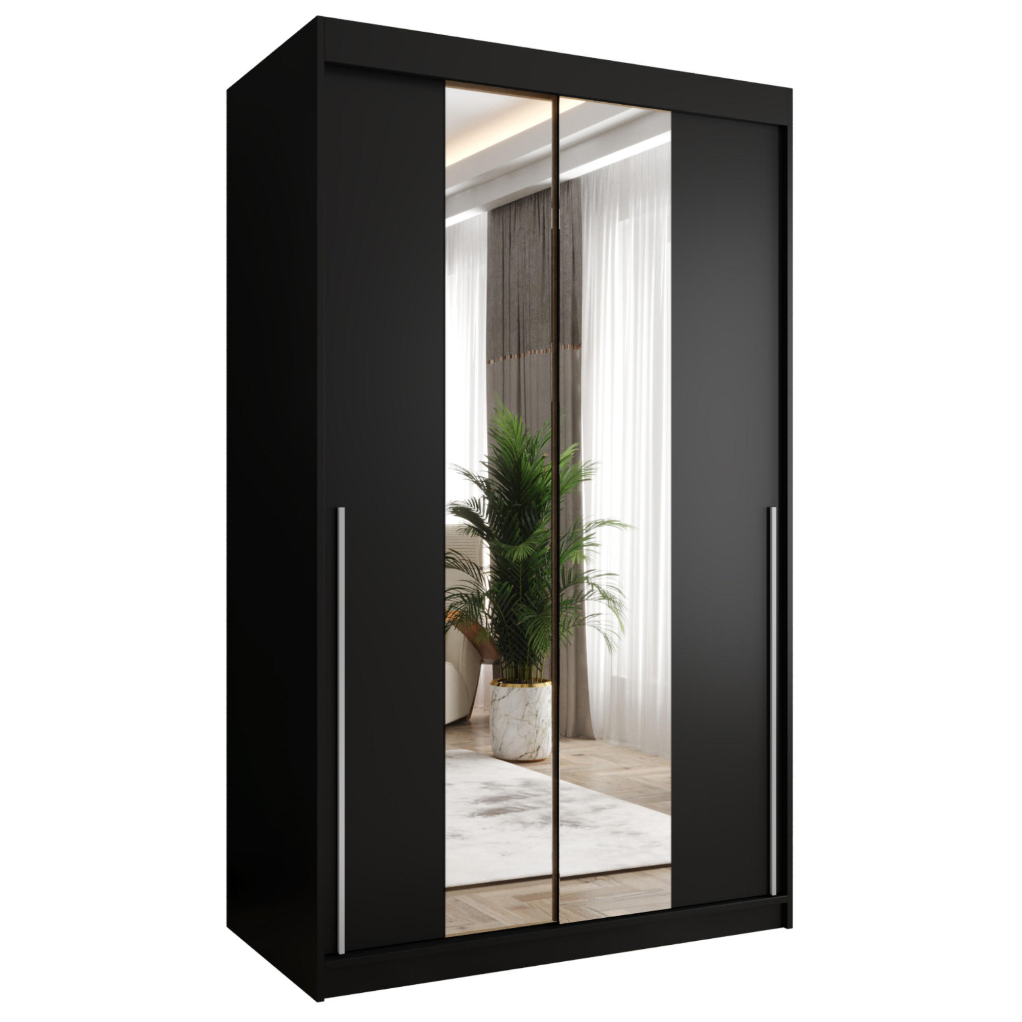 SCHIEBETÜRENSCHRANK mit Spiegel 120 cm Breite, schwarz mit silbernem Griff - Silberfarben/Schwarz, Holzwerkstoff (120/200/62cm) - Home Collective