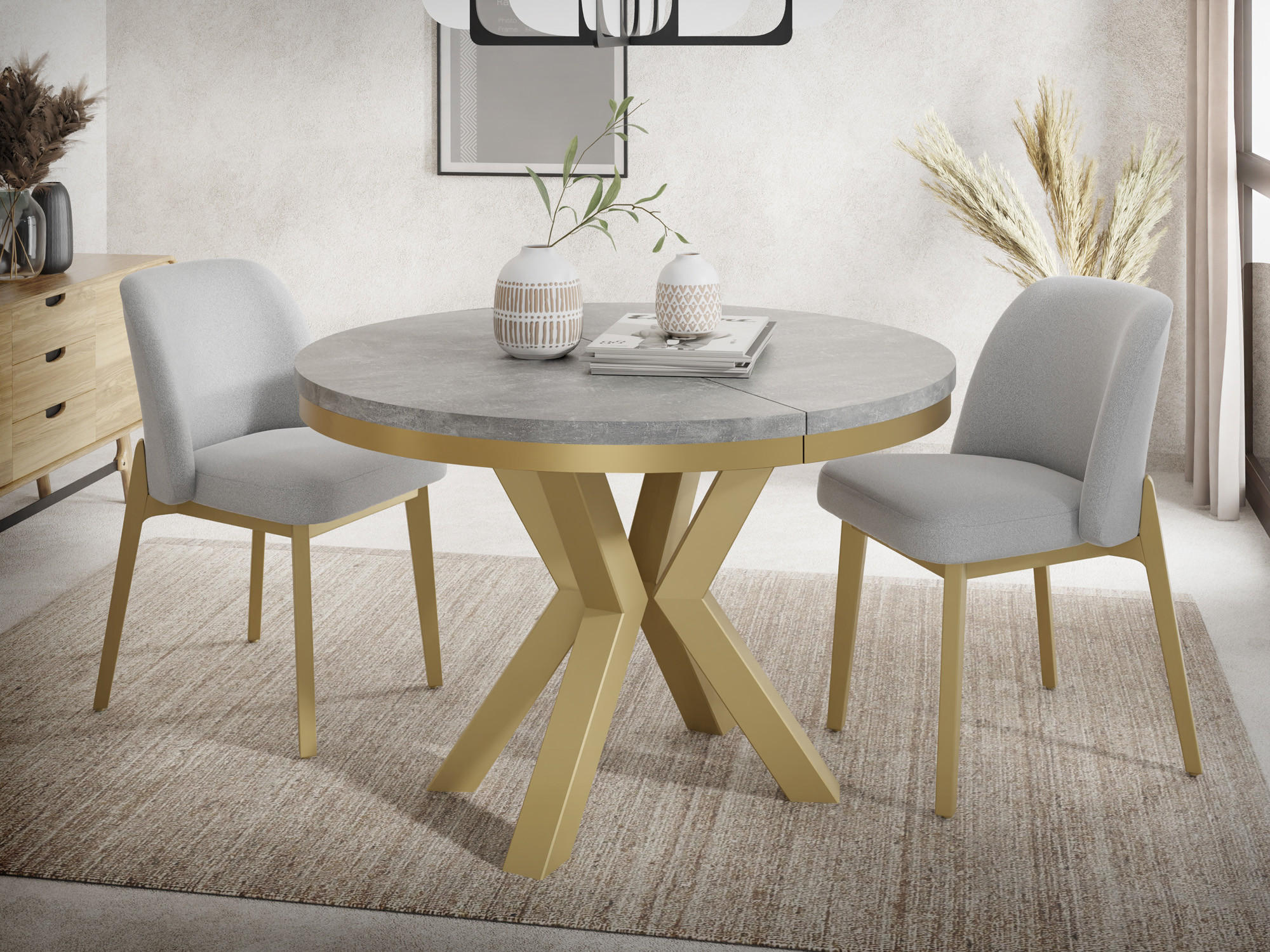 ESSTISCH Clara Gold runder ausziehbarer, Grauer Beton 100-180/100/76 cm - Goldfarben/Hellgrau, Holzwerkstoff/Metall (100/100/76cm) - WFL GROUP