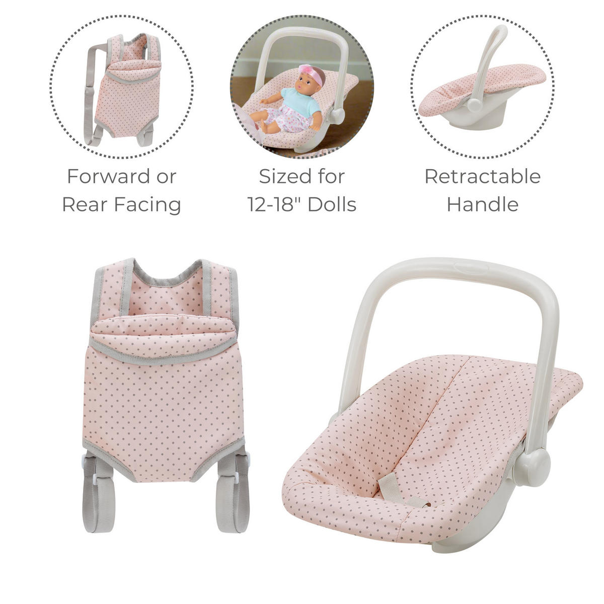 PUPPENTRAGE und Autositz-Set mit Tasche fuer Rollenspiel, Rosa, 35cm - Pink, Holzwerkstoff (30/35/46cm) - Teamson Kids
