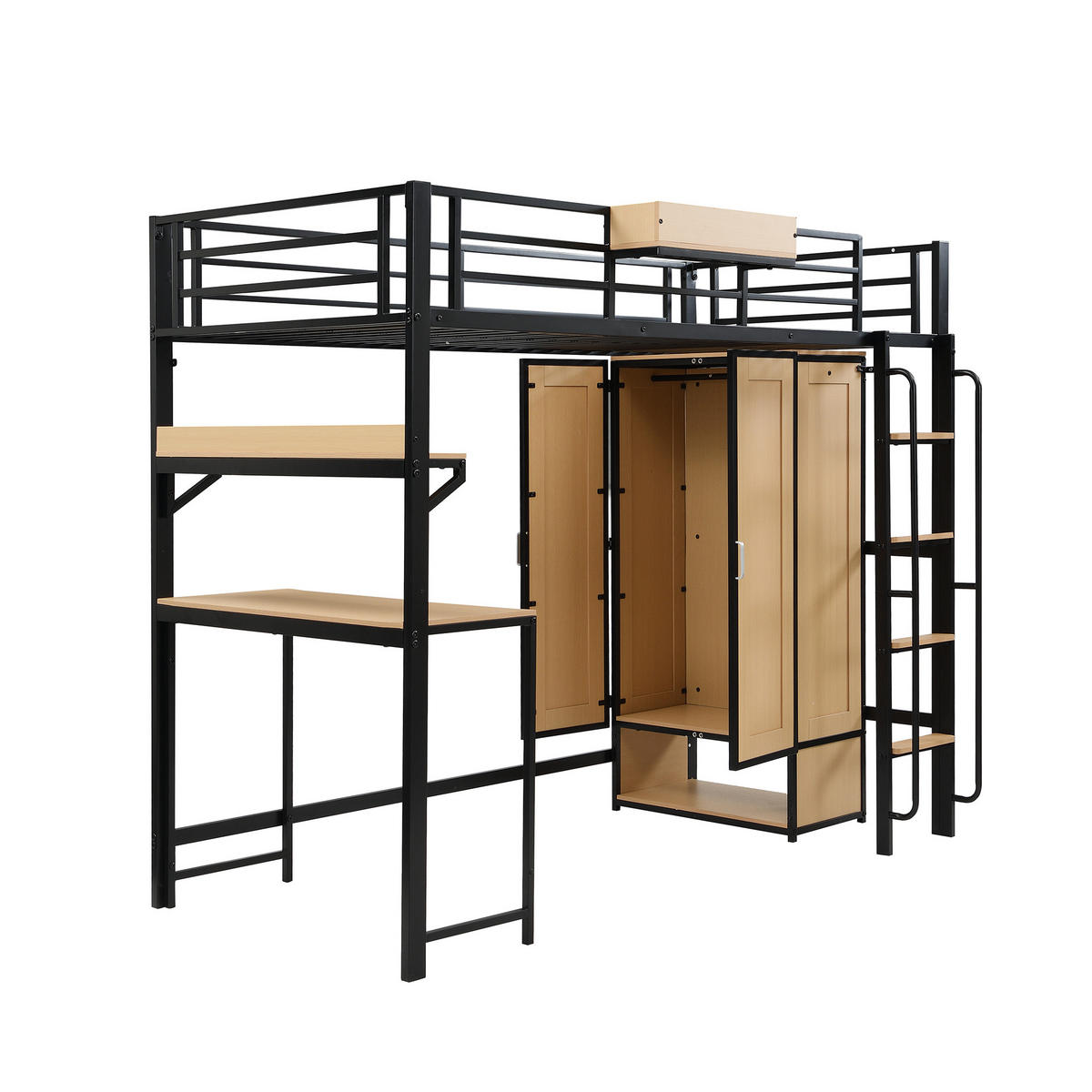 HOCHBETT 90/200 cm in Schwarz & Natur mit Kleiderschrank, Schreibtisch und Regal - Schwarz/Naturfarben, Holzwerkstoff/Metall (90/200cm) - CHICFURN