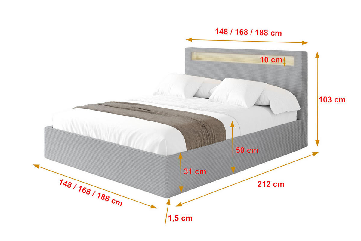 POLSTERBETT mit Bettkasten und Lattenrost, Boxbett ohne Matratze - GOLA 180x200 Grau - Alufarben, Holzwerkstoff/Textil (180/200cm) - ALTDECOR