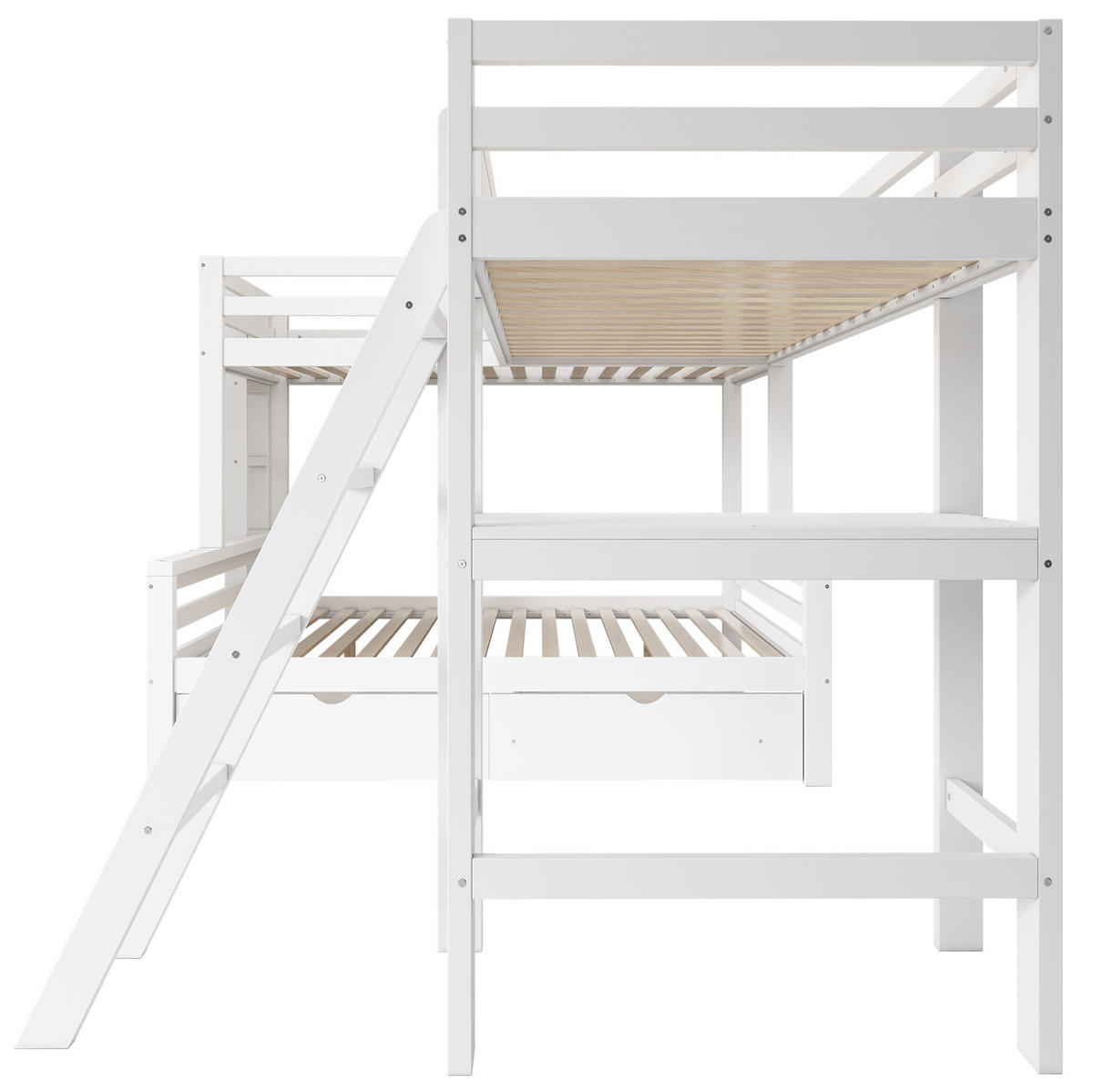ETAGENBETT 140/200 cm weiß/eichefarben aus Massivholz mit Schreibtisch - Weiß, Holz (140/200cm) - OKWISH