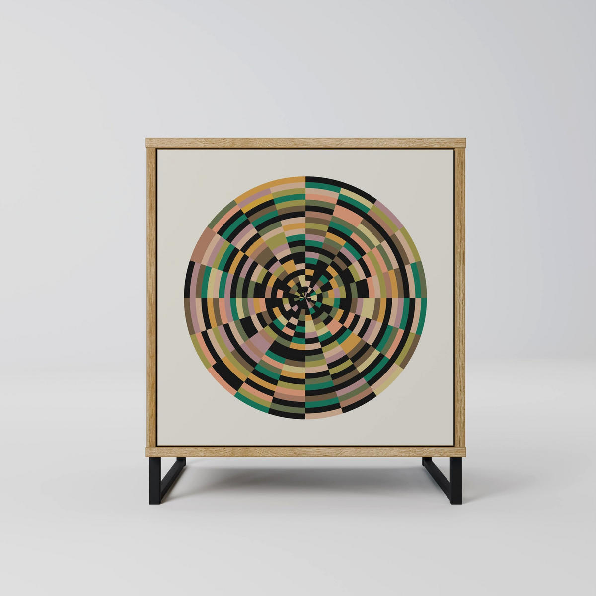 SIDEBOARD GREEN CIRCLES, Eichefarben, 57,5x42x72,5 cm, Schwarze Metallfüße - Eichefarben/Multicolor, Holzwerkstoff/Metall (57.5/72.5/42cm) - SpaceRebels