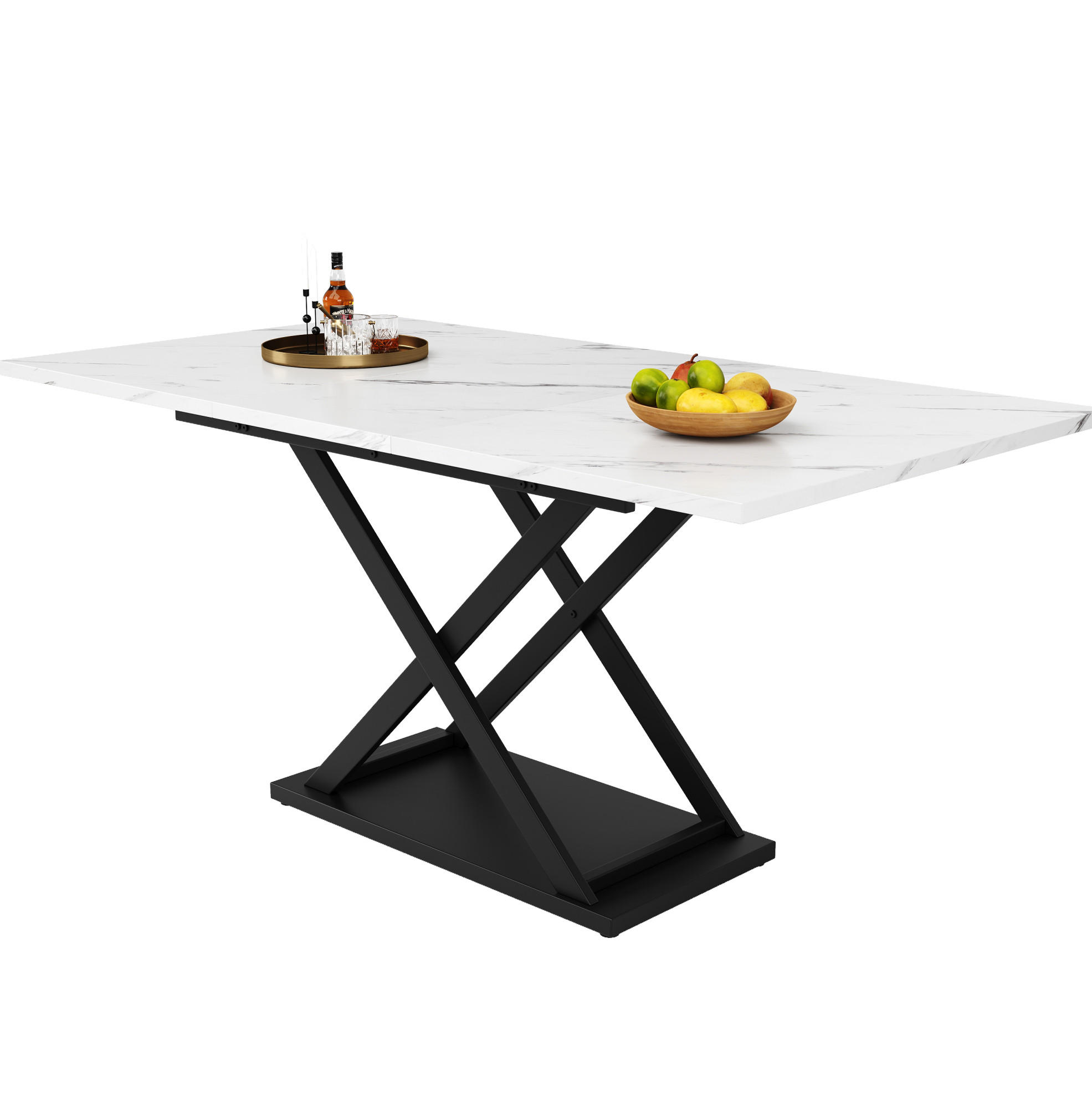 OKWISH JÍDELNÍ stůl 120-160/80/75 cm bílá/černá z MDF a kovu rozkládací s křížovou podnoží