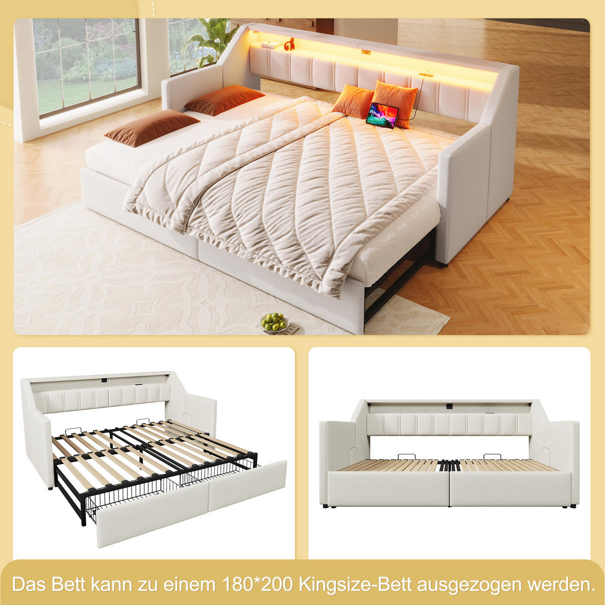 TAGEBETT 90x200cm Beige USB-C LED-Leiste 2 Schubladen Ausziehbett - Beige, Holz (90/200cm) - FLIEKS