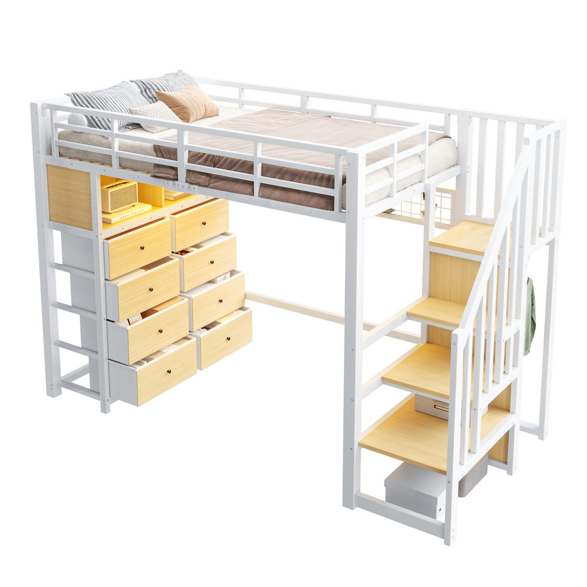 HOCHBETT MDF Metall 90x200 cm Weiß mit Stauraumtreppe, LED und 8 Schubladen - Weiß, Holzwerkstoff (90/200cm) - Modfu