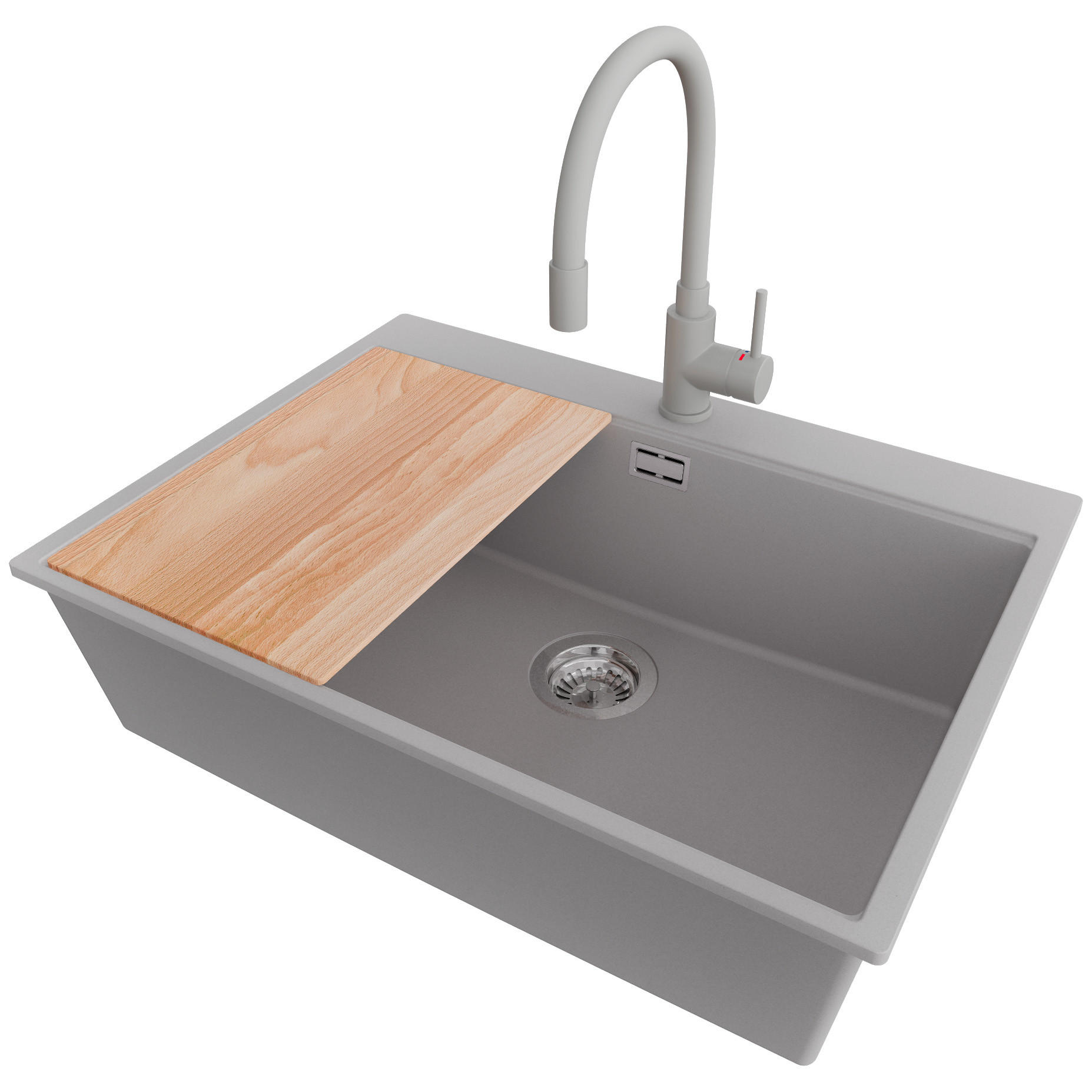 GRANITSPÜLE Oslo, 2-er set Grau 68/50 cm 1 Becken + Küchenarmatur 38/14 cm + Ablauf-Set + Schneidebrett ab 70er Unterschrank - Chromfarben/Beige, Kunststoff (68/20/50cm) - Primagran