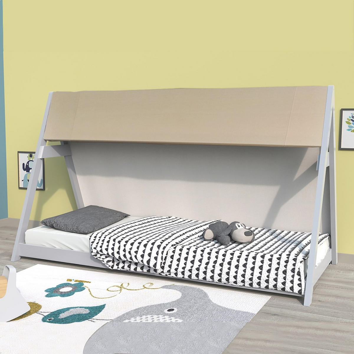 HAUSBETT TIPI mit Stoff und Lattenrost/ Kinderbett 90x190 - Grau - Grau, Holz (90/190cm) - Weber Industries