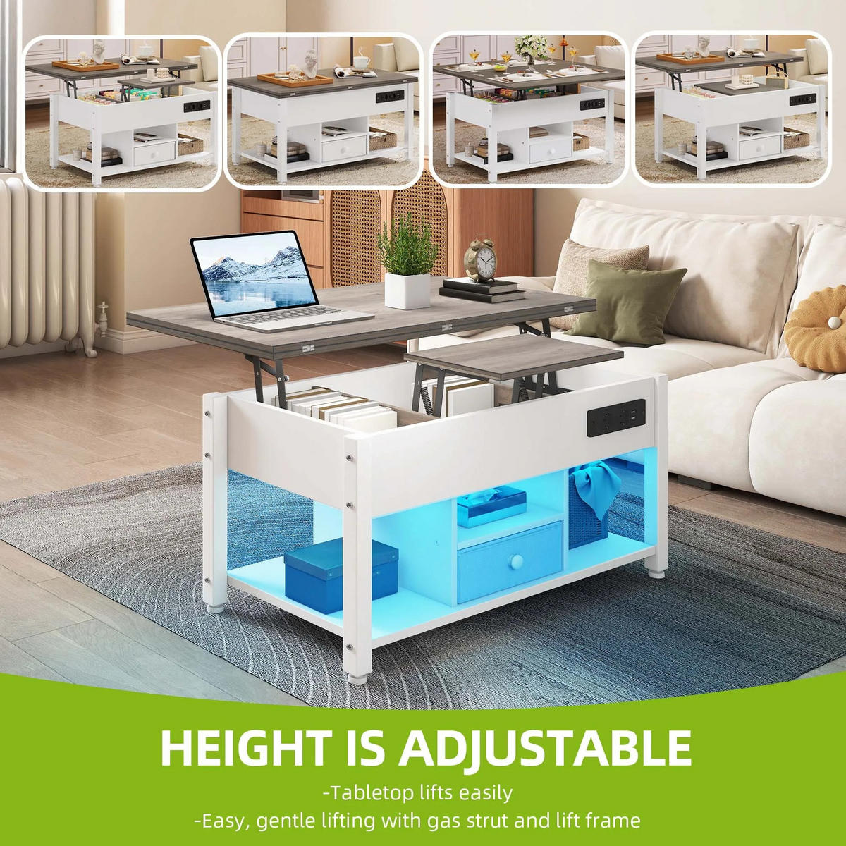 COUCHTISCH, 4-in-1, Weiß, Grau, höhenverstellbar, LED - Weiß, Holzwerkstoff (47.8/90/61.7cm) - Kaket