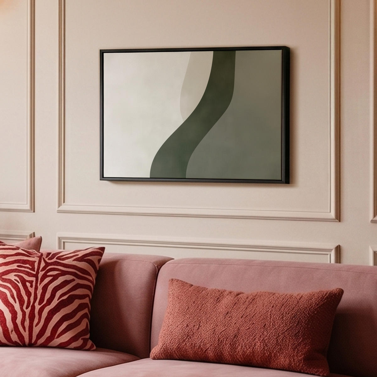 LEINWAND Bilder mit Rahmen - Japandi - Grün - Abstrakt - Modern - 60x40 - Salbeigrün, Textil (60/40cm) - MuchoWow