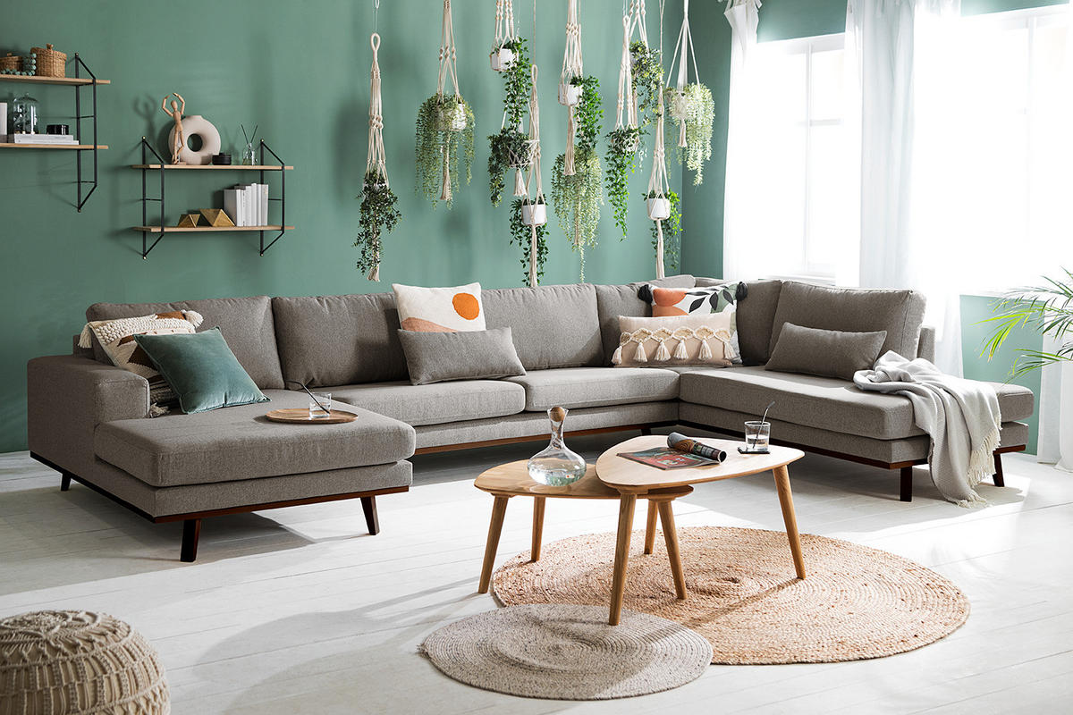 WOHNLANDSCHAFT mit Longchair - Graubraun/Buchefarben, Textil (371/81/219cm) - home24