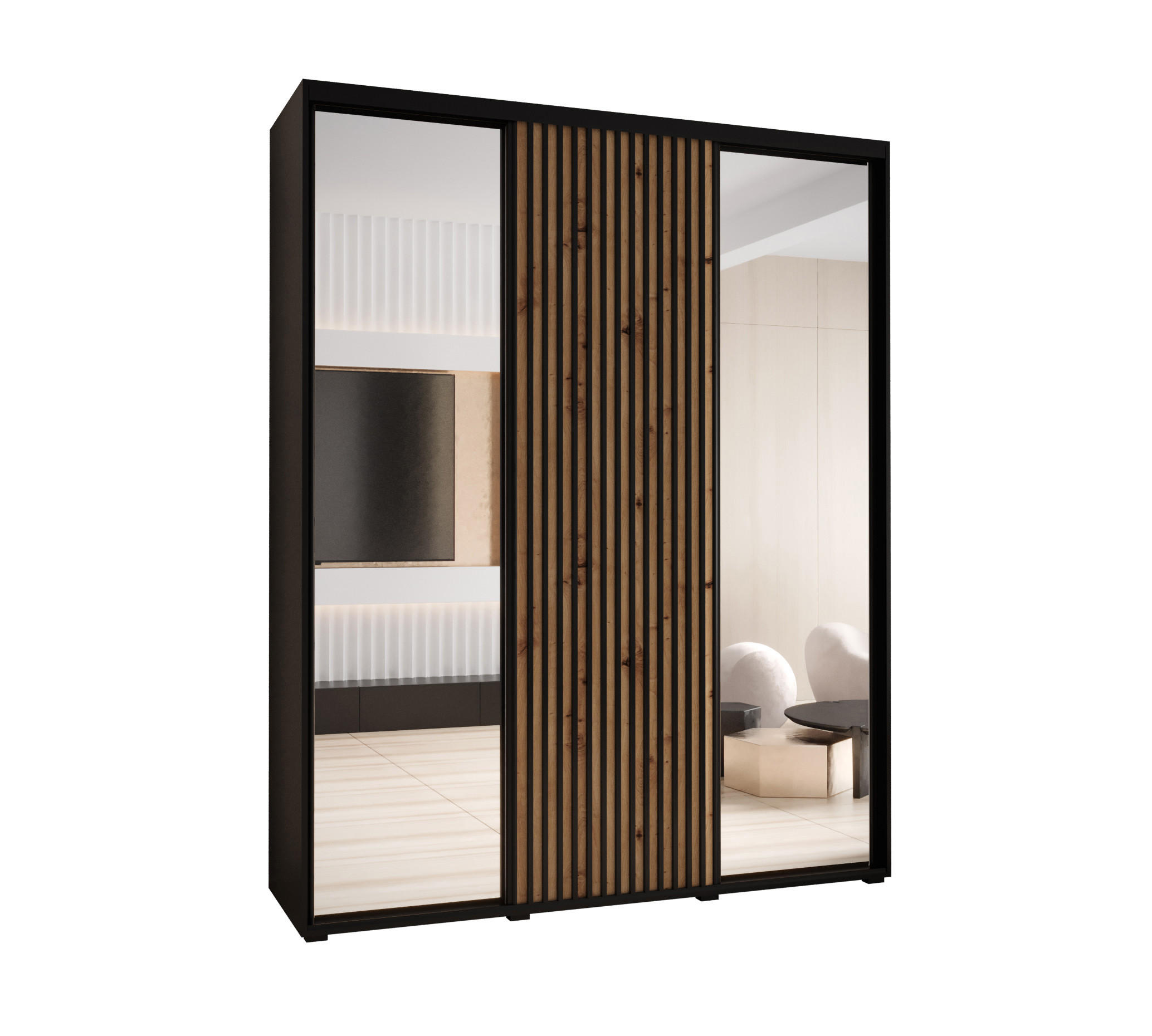 Abiks Möbel Schwebetürenschrank Schwarz, Eiche Artisan, Schwarz 200x235x60 cm