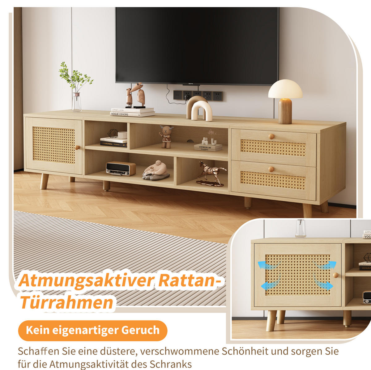 LOWBOARD 160/39/40.5 cm eichefarben aus Spanplatte mit Rattanfronten und Kabelführung - Naturfarben, Holzwerkstoff (39/40.5/160cm) - OKMYHOME