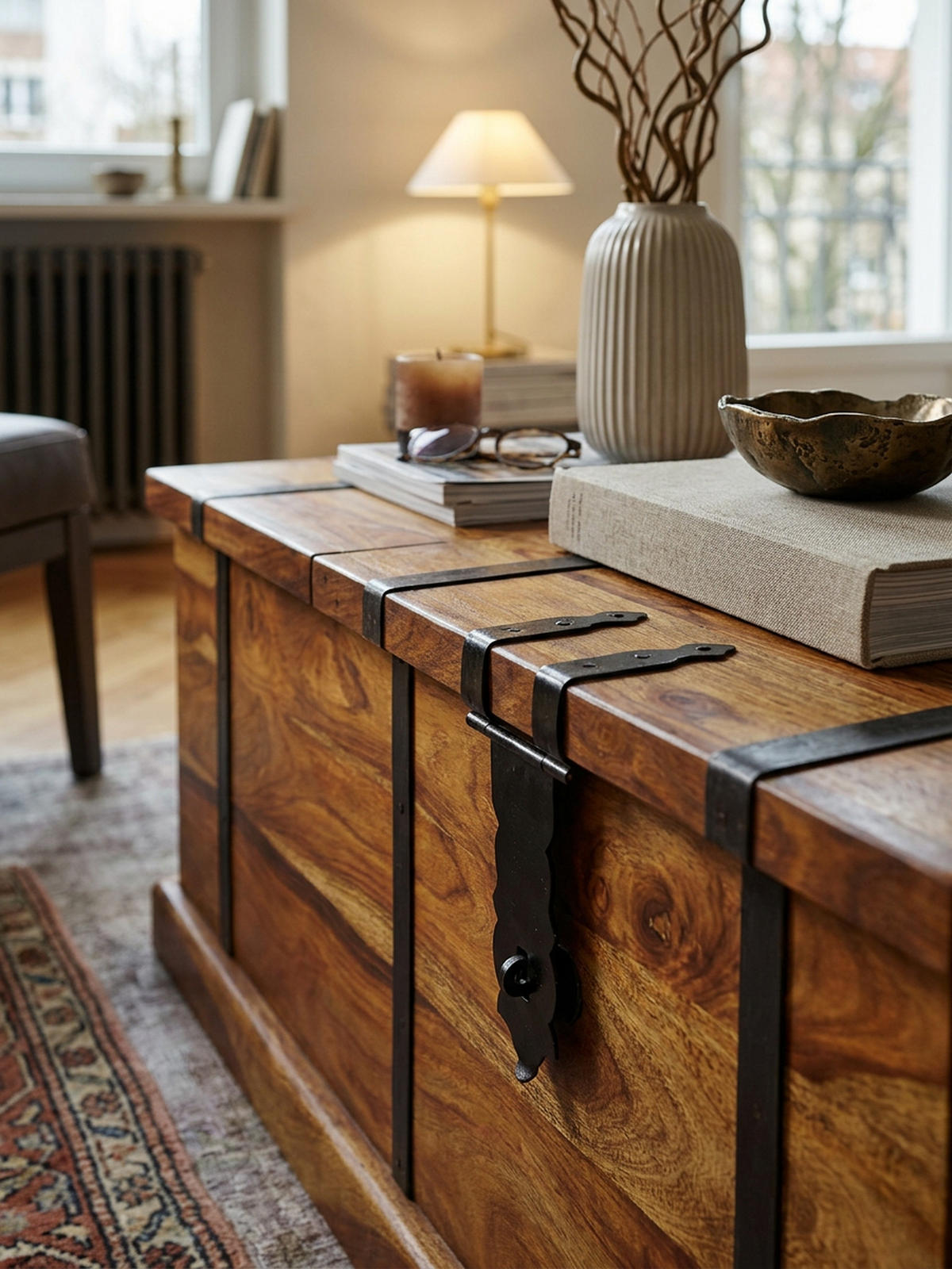 COUCHTISCH Massivholz mit integriertem Weinregal und Stauraum 100x60x40cm - Braun, Holz (100/40/60cm) - KADIMA DESIGN