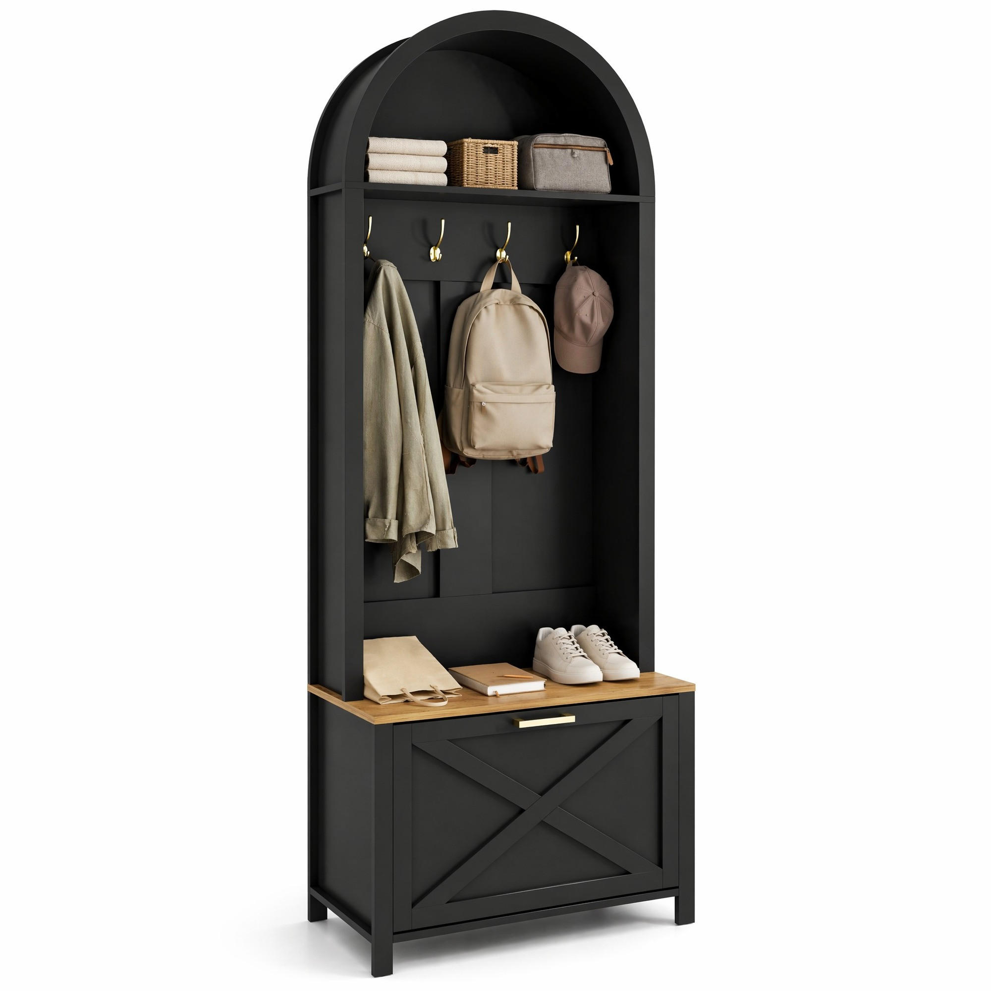 GARDEROBE-SET in Schwarz Garderobenschrank mit Schuhregal und Hake für Eingangsbereich und Flur, B75/T35/H195 cm - Schwarz/Naturfarben, Holzwerkstoff/Metall (75/195/35cm) - STILVORA