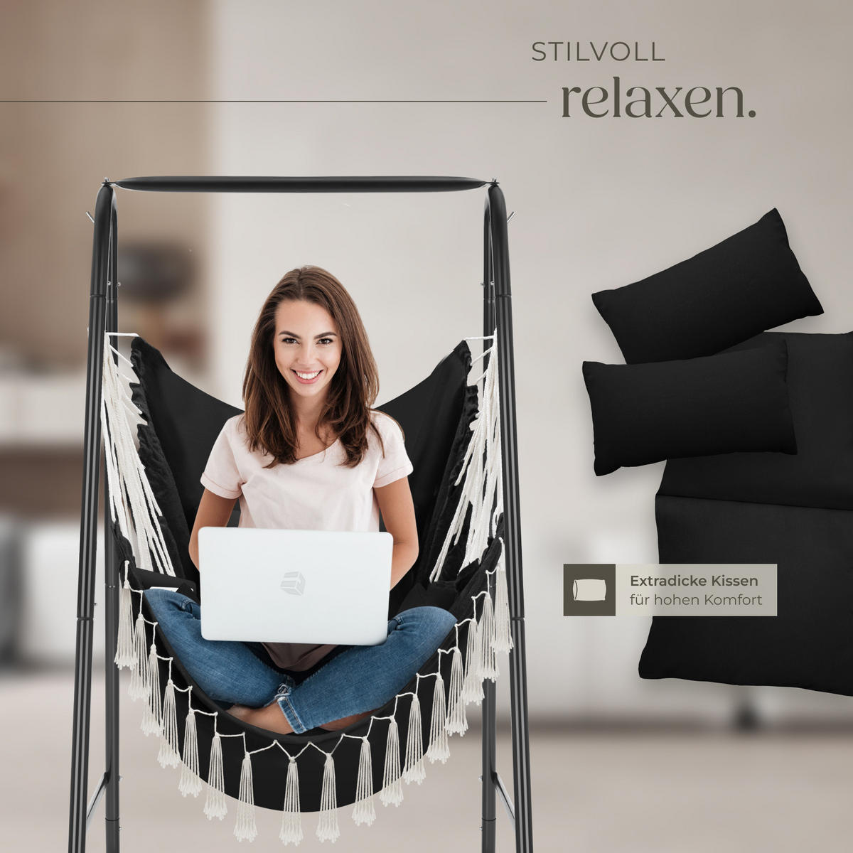 HÄNGESESSEL Alison,85 x 100 x 154,5 cm,schwarz - Schwarz, Naturmaterialien/Textil (85/154.5/100cm) - tectake